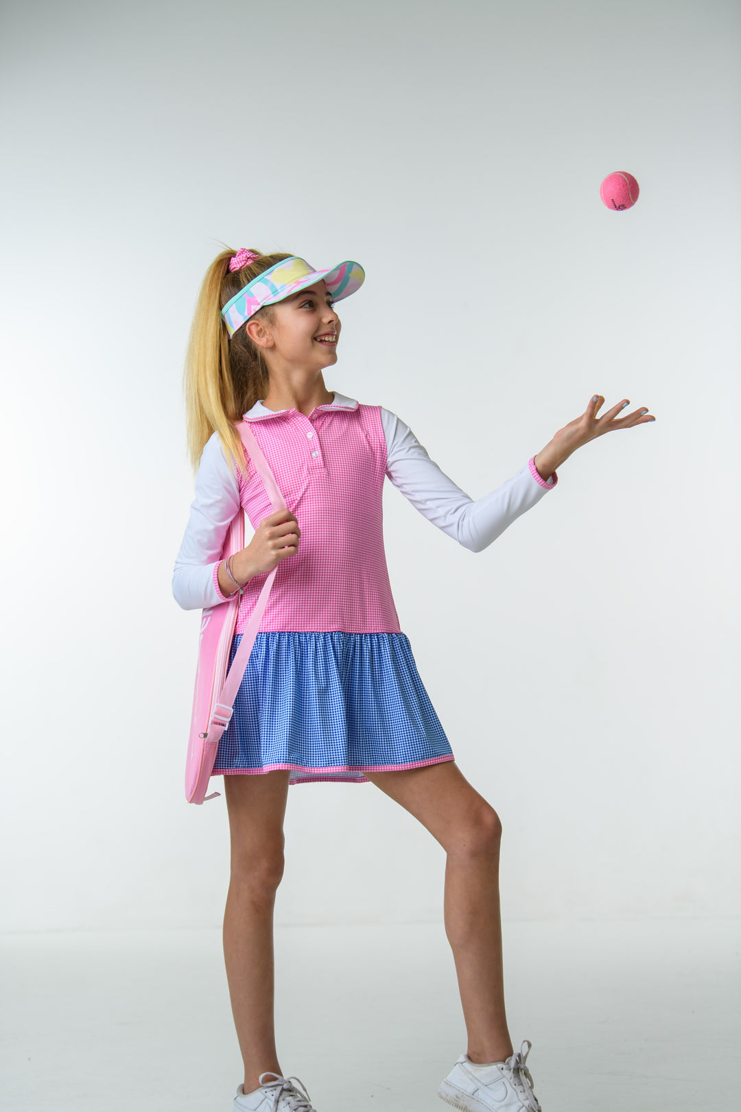 Darla Dropwaist Dress Long Sleeve - Flamingo Pink Minigingham, Resort Royal Mingingham